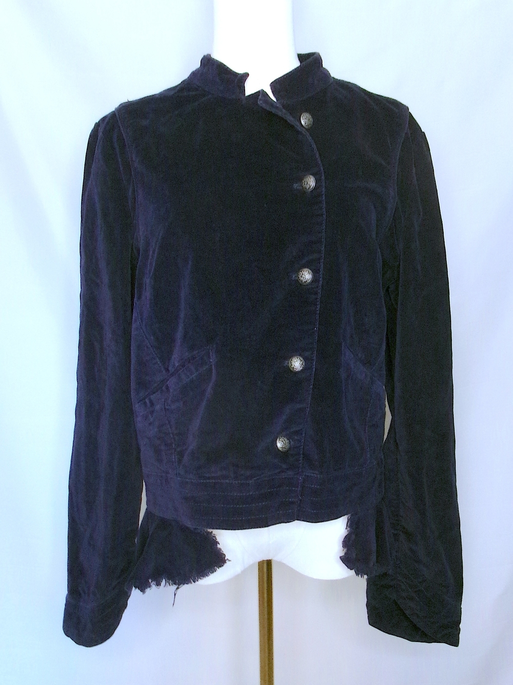 Free People Navy Velvet Military Jacket Raw Hem M
